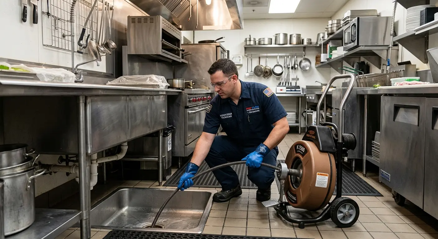 Commercial drain cleaning service in a restaurant kitchen in South Monrovia Island