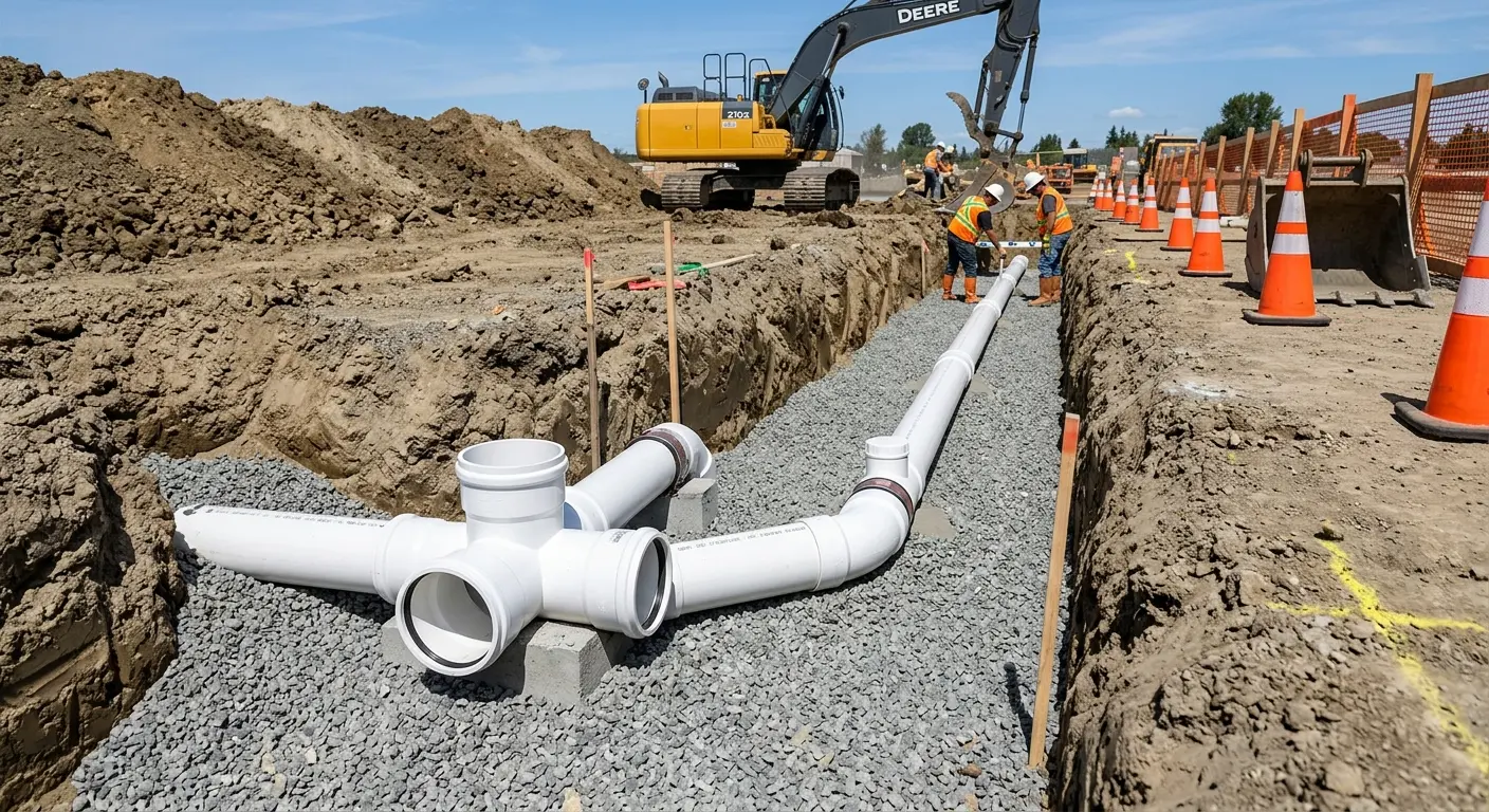 New PVC sewer pipe installation in open trench for Sewer Backup in South Monrovia Island