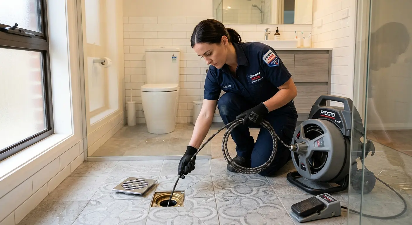 Technician clearing a bathroom floor drain for Sewer Line Replacement in South Monrovia Island